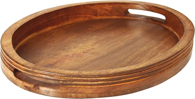 Croft&Cane Solid Wood Serving Tray - 16.75 x 12.5 Inch Oval Decorative Ottoman Tray - Hand-Carved Ribbed Design - Natural Wood Tray with Handles for Coffee Table, Kitchen, Breakfast & Décor