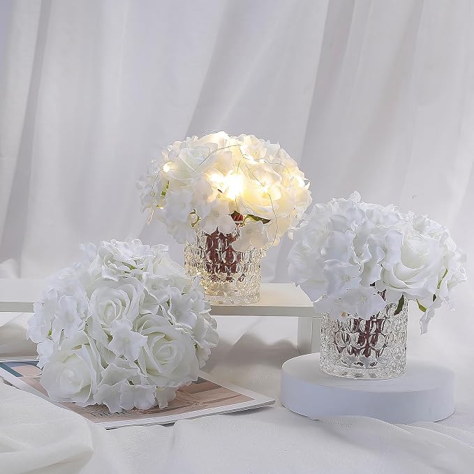 Rose Silk Flower Arrangement Artificial Vivid Rose in Glass Vase with LED Light Elegant Centerpiece for Home Wedding Bathroom Table Shelf Decoration (Pure White)