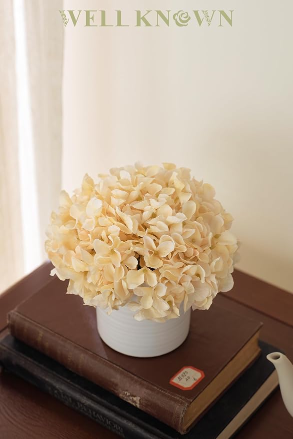 Fake Silk Hydrangea Flowers in Vase, Artificial Flowers with White Ceramic Vase, Small Potted Floral Arrangement for Home Kitchen Counter Vanity Coffee Table Centerpiece Bathroom Decor (Champagne)