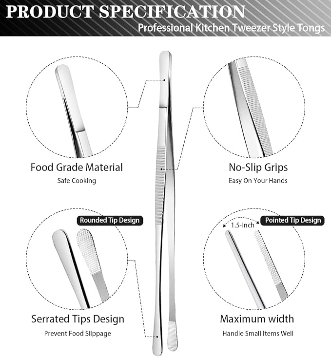 JETKONG 4 Pcs Kitchen Tweezers Tongs Stainless Steel Cooking Tweezers Set, Professional Kitchen Long Tweezer for Cooking, Repairing, and BBQ (10+12-Inch, Silver)