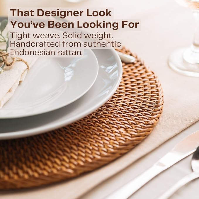 6-Pack Rattan Placemats - 13-inch Round Placemats (Smoky Brown) - Smoked-Cured Woven Place Mats, Round Table Mats - Wicker Chargers for Dinner Plates, Plate Chargers Boho - Kitchen Table Decor