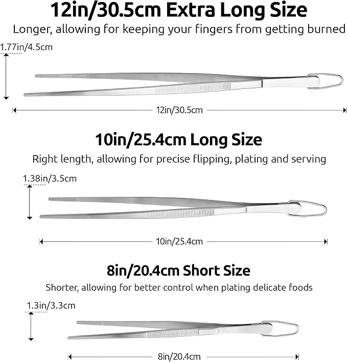 U-Taste 8"+10"+12" Kitchen Cooking Tweezer: 18/8 Stainless Steel Food-Grade Metal Food Tong, Flexible Pinching, Seamless-Welding and Sturdy for Serving Grilling Frying, Plating, Feeding (Pointed Tip)