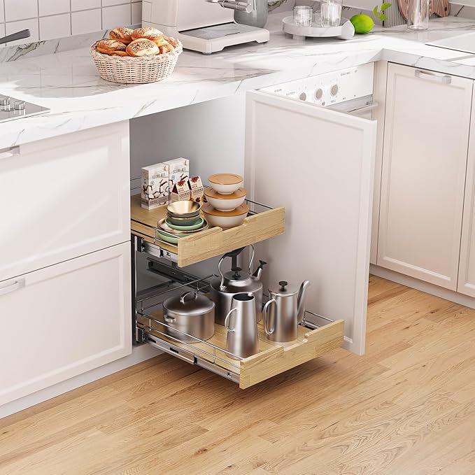 Sikarou Pull Out Cabinet Organizer,Heavy-Duty Slide Out Shelf, Wood and Wire Basket, Pull Out Drawer for for Kitchen Under Sink Space, Pantry, Bathroom, 2 Tie 26 * 21 in