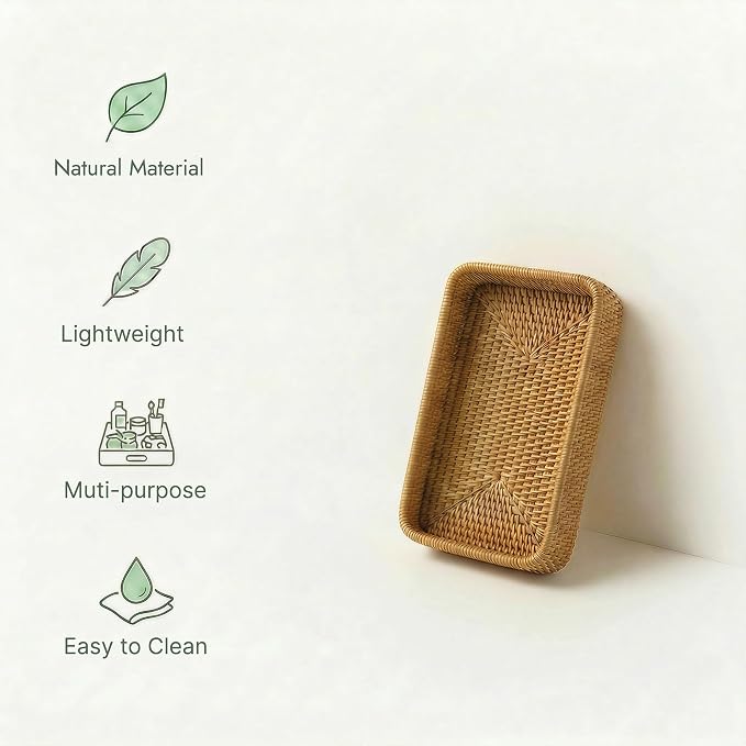 8.3" x 4.3" Small Natural Rattan Storage Tray, Decorative Handwoven Wicker Organizer Keys Tray Catchall, Shallow Rectangular Tray for Snack, Accessories Bathroom & Vanity, Entryway (XS)