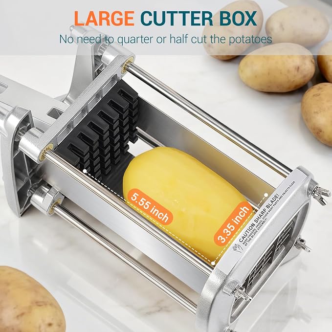Sopito Professional Stainless Steel French Fry Cutter, 3 Blades (1/2", 3/8", 1/4") & Slicing Blades for Potatoes, Carrots, Apples, Commercial & Home Use