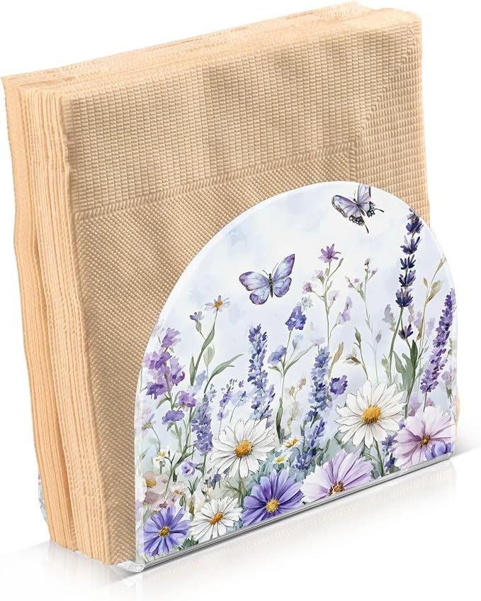 Spring Wild Flowers Purple Butterfly Napkin Holder for Tables Paper Cocktail Napkin Holders for Kitchen Dinning,Acrylic Dinner Napkin Dispenser for Restaurant Home Decor Bar Accessories 2 Pack
