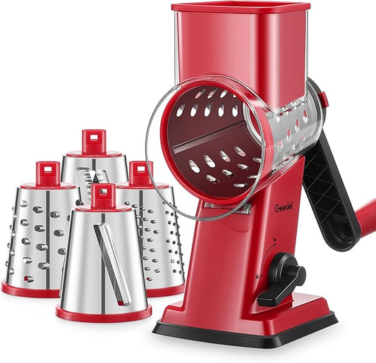 Geedel Rotary Cheese Grater - Upgraded Vegetable Shredder with 4 Interchangeable Blades, Easy to Clean Cheese Shredder with Handle, Kitchen Grater Nuts Grinder for Cutting Cheese, Vegetable, Nuts