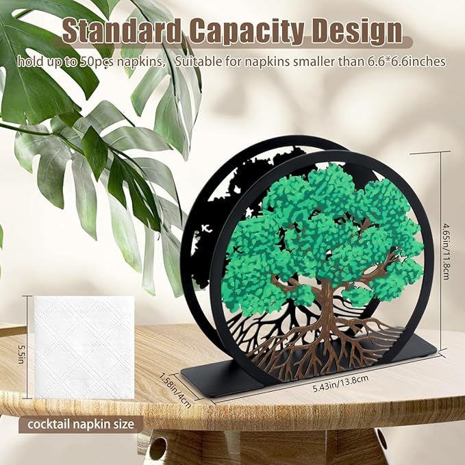 Modern Napkin Holder for Table Decor,Black Metal Napkin Dispenser fit Tissue Mail Bills Paper Towel Holder,Tree of Life Napkin Holders,Napkin Stand for Home Kitchen Dining Restaurant Cocktail