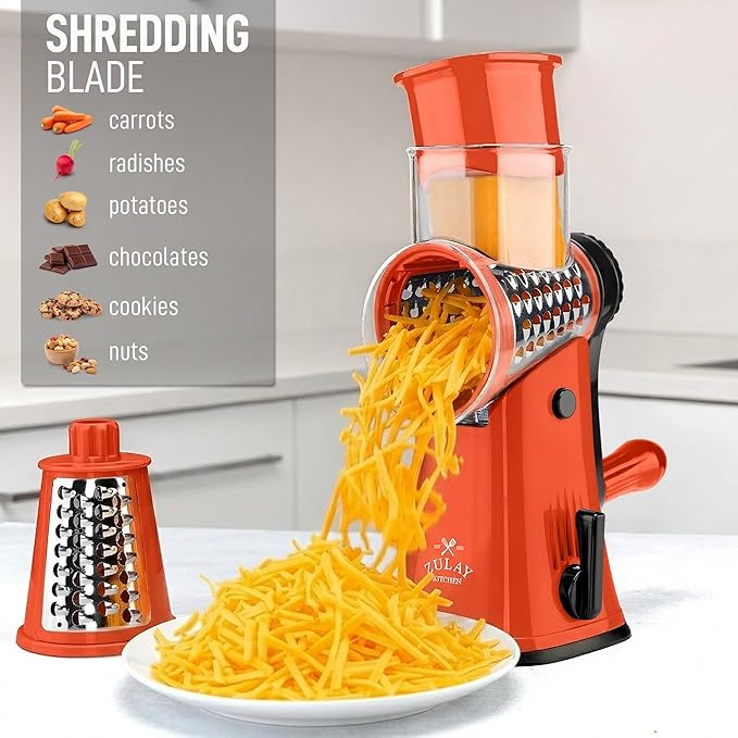 Zulay Kitchen Rotary Cheese Grater 5 Blade Cheese Shredder - Manual Hand Crank Cheese Grater With Reinforced Suction & 5 Interchangeable Drums - Easy to Use, Vegetable Chopper Round Mandoline Slicer