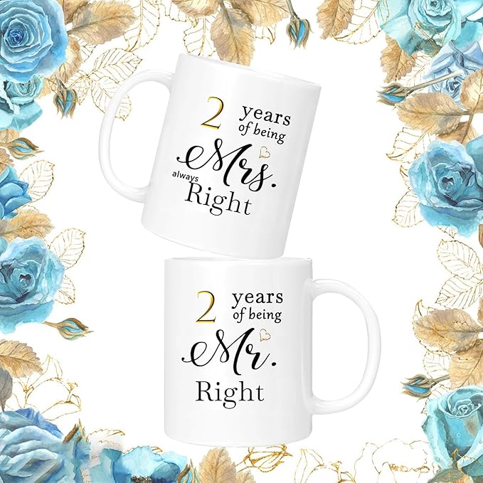 2nd Anniversary Coffee Mugs Set of 2, 2 Year Anniversary Wedding Gifts Decorations for Couple Parents Men Women Husband Wife Him Her, Gift Box Packaging, 11oz