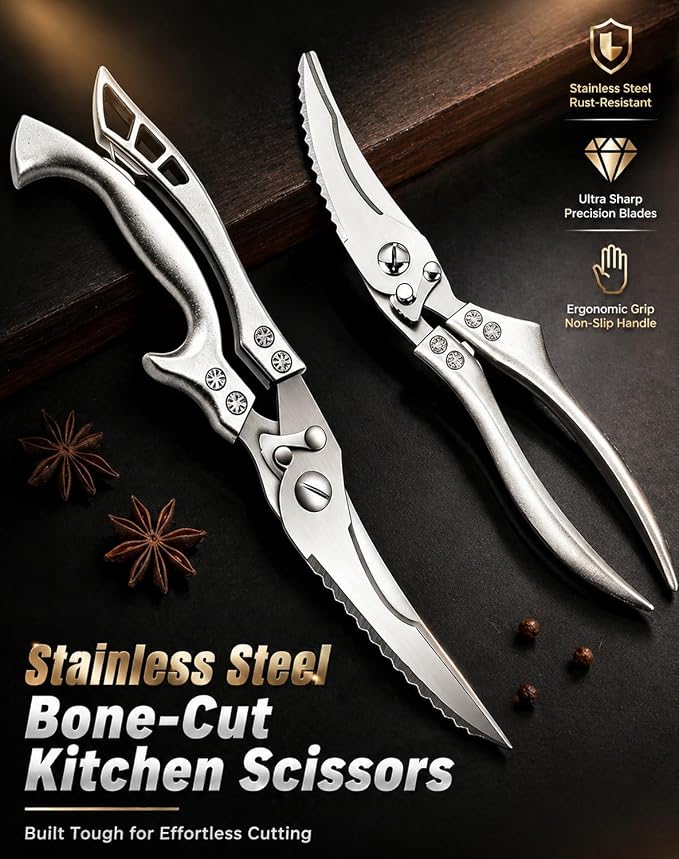 Stainless Steel Bone-Cut Kitchen Scissors, Heavy Duty Kitchen Scissors for Bone Cutting, Poultry Shears with Spring Loaded Handle, Multi-Function Snips for Chicken, Meat, Fish, Vegetables (A+B)