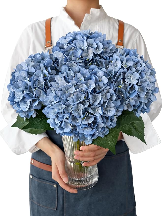 JINWOE Retro Blue Silk Artificial Hydrangeas Flowers, 4PCS 21" Vintage Large Lifelike Faux Flowers, Full Fake Flowers for Outdoor Porch Bouquet Table Centerpieces Wedding Home Indoor Baby Showers