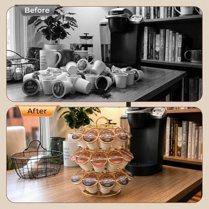 K Cup Holder, Carousel Coffee Pod Holder Compatible with 27 K Cup, Spins 360-Degrees, 3 Tier K Cup Organizer for Kitchen Counter — Home or Office Storage, Anti-Slip Base, No Assembly, Gold