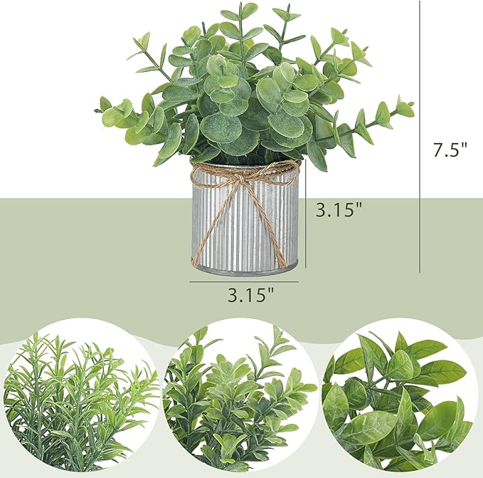 Mkono 4 Packs Small Fake Plants in Farmhouse Galvanized Pots Table Centerpiece Mini Potted Artificial Plants Faux Eucalyptus for Shelf Office Rustic Home Decor (Gray, Small-7.5" H)