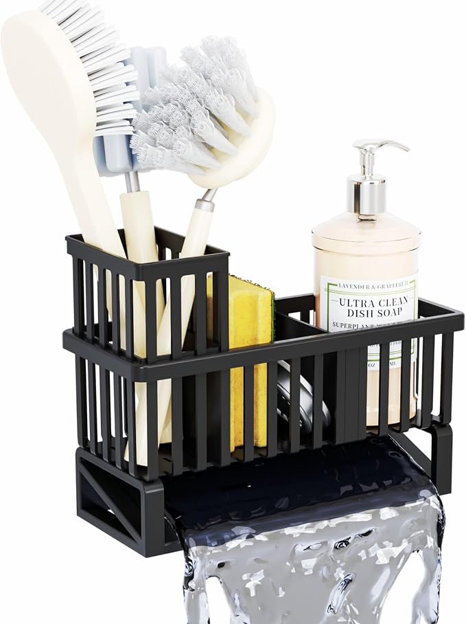 Yieach Rustproof Kitchen Sink Caddy Organizer,Plastic Scrubber,Dish Sponge Holder,Dish Soap Rack & Dispenser,Multifunctional Sponge Drain Rack,Dish Soap Caddy & Storage Organization Accessories,Black