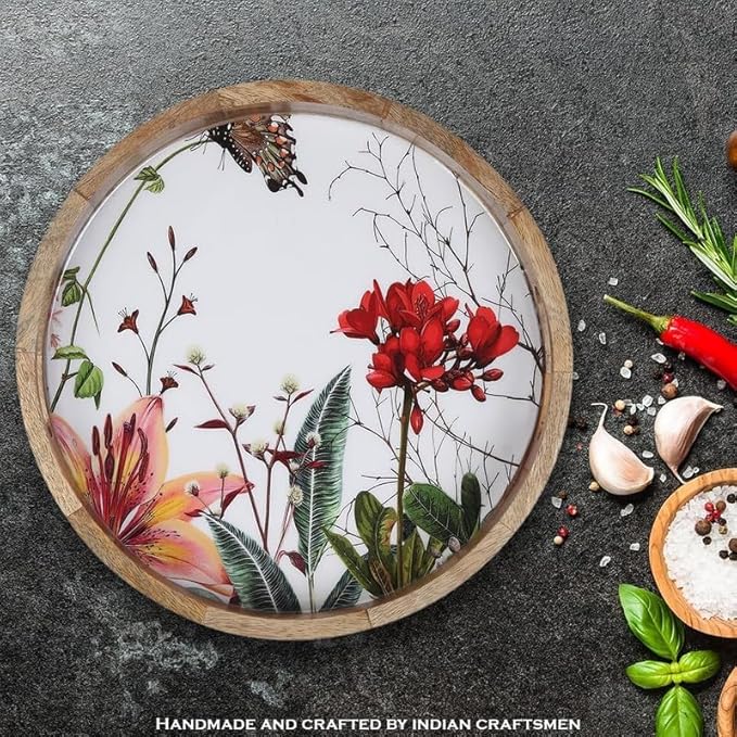 Zenith’s Decor Handmade Wooden Round Shape Tray for Serving Snacks, Appetizer Plate, Multipurpose Breakfast, Coffee Table 32 cm Diameter