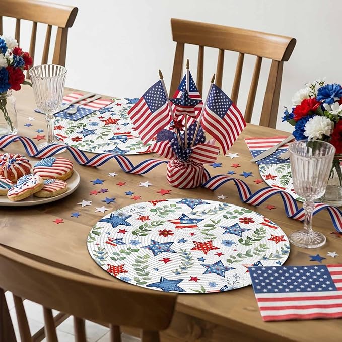 4th of July Round Placemats Set of 8 Patriotic Star Floral Place Mats Independence Day Woven Placemat Green Eucalyptus Leaves Circle Braided Table Mat for Kitchen Dining Table Party Decor 15 Inch