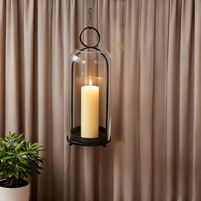 16" High Versatile Modern Metal Hurricane Lantern with Handmade Sturdy Glass Dome in Black for Pillar Candle & Plants, Industrial, Farmhouse, Shabby Chic (Black, 6.3:x16.5)
