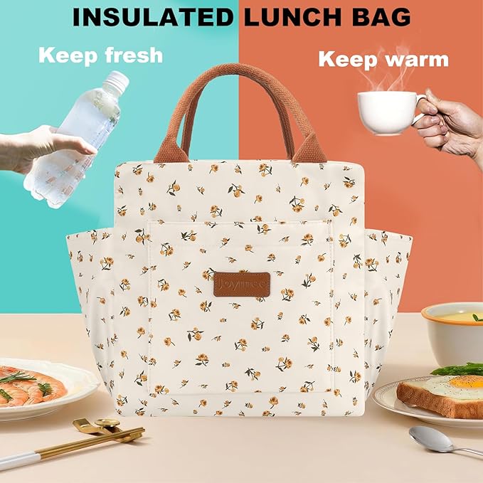 Joymee Insulated Lunch Box for Women Lunch Bag - Yellow Little Floral | Spacious Storage, Bottle Holder & Pockets, Leakproof Insulated, for Work, Travel, Picnic, Daily Use, for Adult