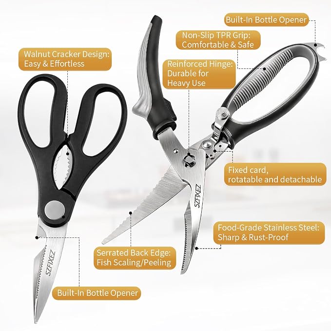 Kitchen Scissors Set 2 Pack, Heavy Duty Detachable Food Grade Stainless Steel Poultry Shears for Chicken Bones, Fish, Meat, Vegetables, Multipurpose Shears with Bottle Opener