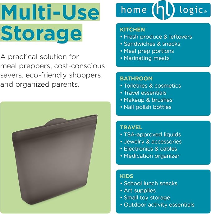 Home Logic Reusable Sandwich Bags - Set of 6 Alloy Grey Silicone Freezer Bags, Airtight Leak Resistant Reusable Zip Bags for Kitchen Home Food Prep, Microwave & Sous Vide Safe