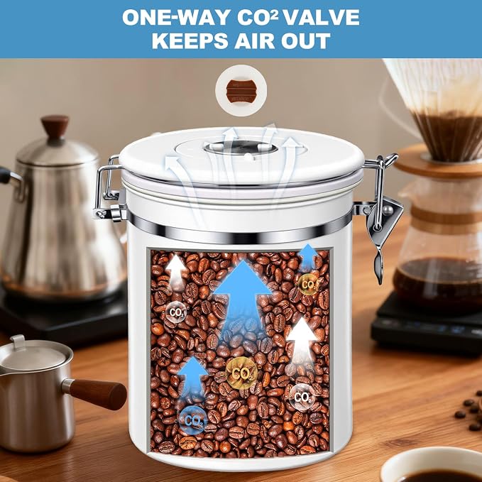 ShanSon Coffee Canister Airtight, Stainless Steel Bean Storage Container with Date Tracker & Scoop, Grounds Sugar Flour Tea Cereal Fits Kitchen Pantry, Ideal Gift for Coffee Lovers,22oz, White