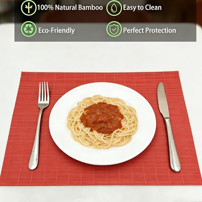 8-Pack Natural Bamboo Placemats Set - Reusable Rectangular Heat Resistant Table Mats for Everyday Use, Camping, Picnics, Party Decor - Easy to Clean & Store, Lightweight (Tangerine Orange)