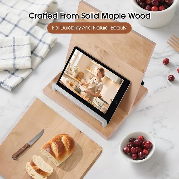 Cookbook Stand with Removable Cutting Board – Adjustable Recipe Book Holder, Charcuterie Board & Kitchen Serving Tray, Kitchen Counte Decor/Maple Wood/Silver