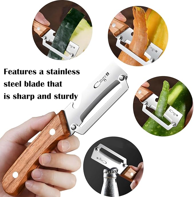 Stainless Steel Vegetable Peelers for Kitchen with Bottle Opener, Non-Slip Wooden Handle - for Paring Fruits and Veggies like Potato, Apple, Carrot, Mango, Lemon, and Sugarcane