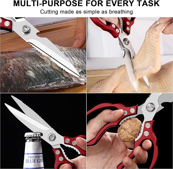 CGBE Kitchen Scissors All Purpose Heavy Duty, Ultra Sharp Stainless Steel Kitchen Shears Dishwasher Safe, Cooking Shears for Chicken, Poultry, Fish, Meat, Herbs & Grapes with Non-Slip Grips (Red)