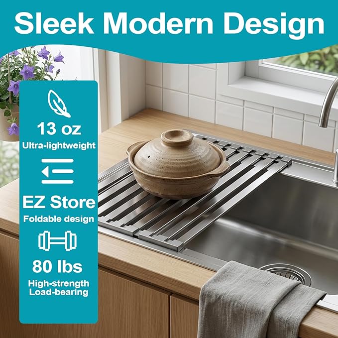 Aluminum Dish Drying Rack, 17.7" x 13.4", Foldable, Rust-Proof, Non-Slip Silicone Base, Over Sink, Gray