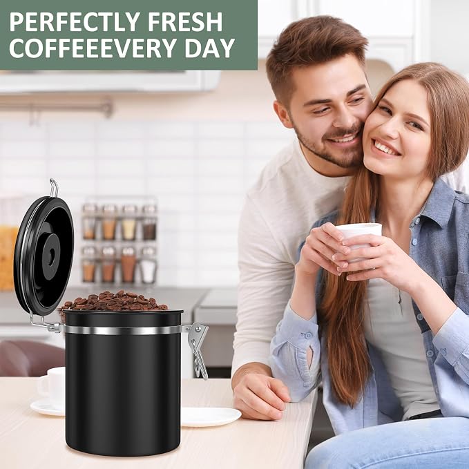 2PCS Coffee Bean Storage Container Set , 1.5L 51oz Airtight Stainless Steel Coffee Canister with Scoop & Date Tracker, Coffee Grounds Container for Coffee Bar, Tea, Sugar, for Coffee Lovers, Black