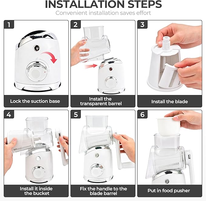 SUSTEAS Rotary Cheese Grater with Handle,Vegetable Slicer with 6 Interchangeable Blades, Reinforced Suction,Easy to Clean,Kitchen Shredder for Crushed Ice,Fruits and Nuts with Blade Storage Case,White