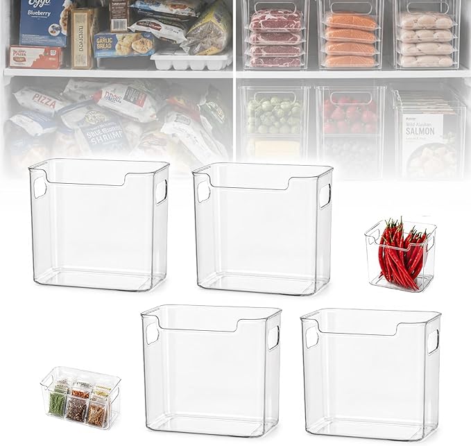 Crystal Clear Freezer Storage Bins, Stackable Kitchen Cabinet Organizer With Handles For Frozen Food, Meat & Veggies, Shelves, Kitchen, Cabinet(4SMALL)