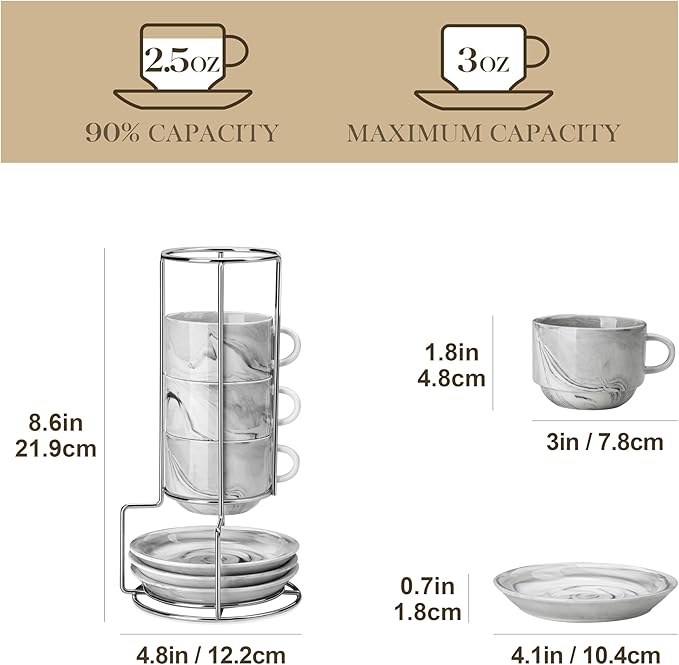MALACASA 2.5 OZ Porcelain Espresso Cups with Saucers and Metal Stand Set of 4, Stackable Cappuccino Cups, Marble Gray Expresso Shots Cup Set for Coffee Drinks, Latte, Tea