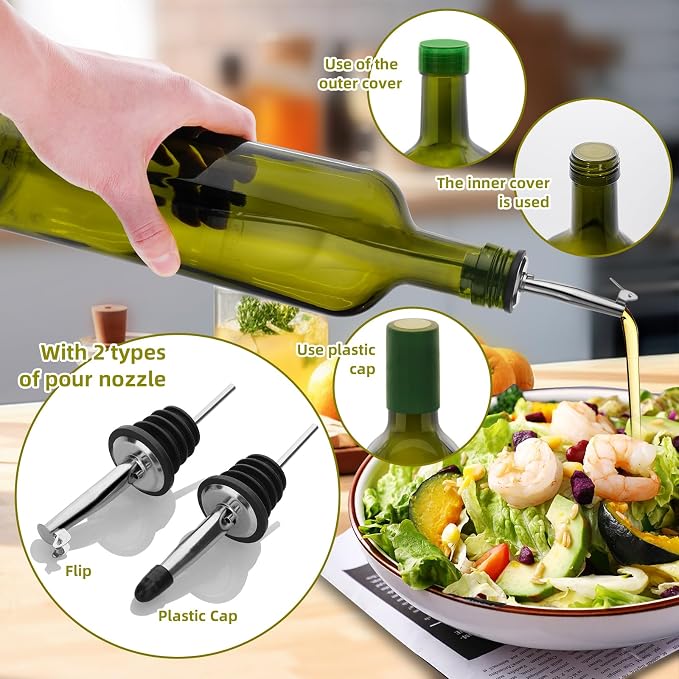 2Pcs 25 oz Olive Oil Dispenser Bottle,750 ml Glass Oil and Vinegar Dispenser Set with Pourers and Funnel ，Oil Bottles for Kitchen Large capacity oil bottles (Green 2pcs)