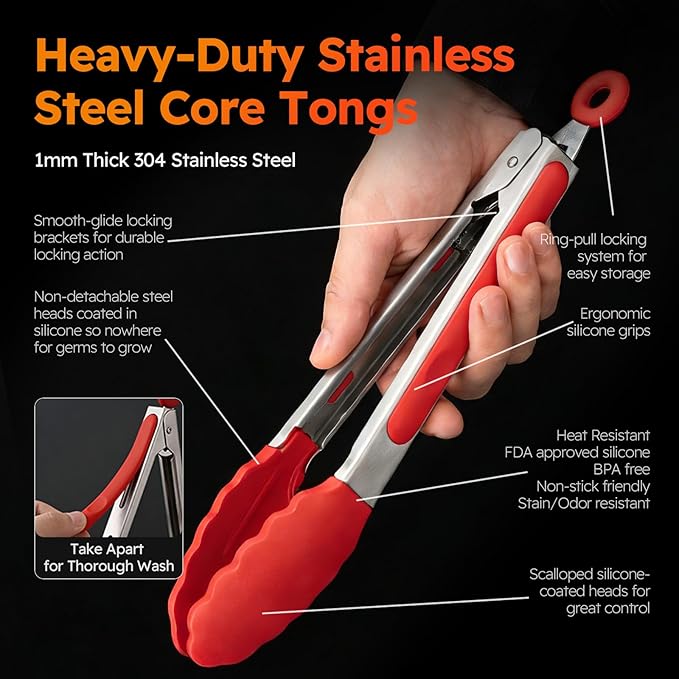 HST 3 Pack Kitchen Tongs, Non Stick Stainless Steel 9 Inch Tongs With Silicone Tip for Cooking BBQ Baking(Red)