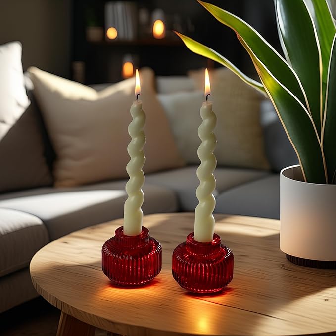Kate Aspen Red Ribbed Taper Candle Holders for Candlesticks Set of 4 - Christmas Decor, Holiday Candle Holders, Red Candlesticks & Votive Candle Holder for Christmas Table Centerpieces