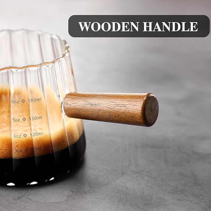 TIWPAJS Espresso Cups With Wood Handle 6oz, Espresso Accessories, Milk Frothing Pitcher, Glass Measuring Cup, Shot Glass