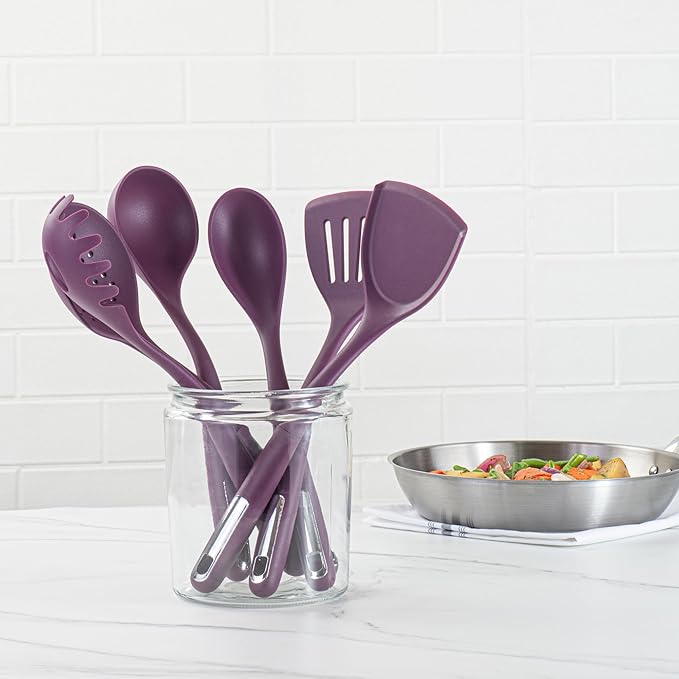 Restaurantware Silicone Utensil Set Pack of 1 Non-Slip Handle 6-Piece Kitchen Tool Set, Heat-Resistant Dishwasher-Friendly Cooking Accessories, Durable Purple Cooking Utensils