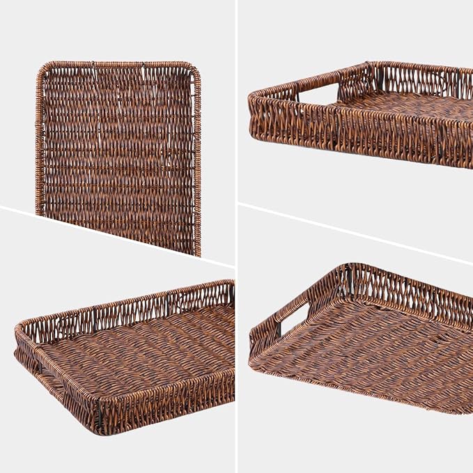 3pcs Rectangular Serving Tray with Handles, Decorative Wicker Organizer Baskets Storage Tray for Coffee Table, Bread, Fruit, Snacks, Centerpiece Decor