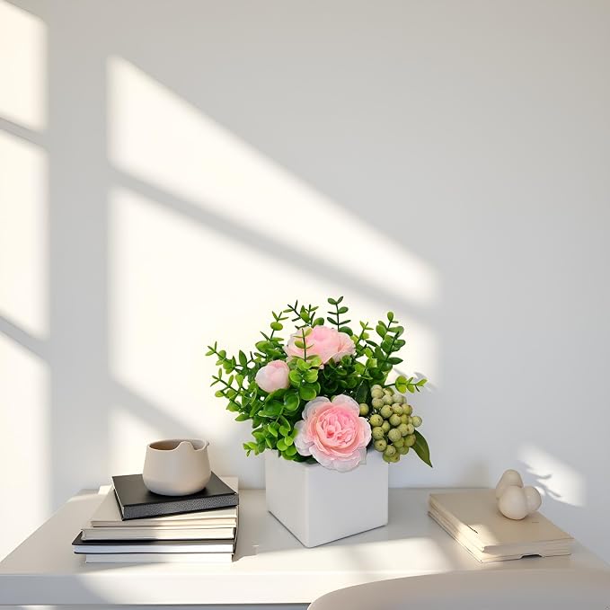 Pink Artificial Rose Eucalyptus Berry Faux Floral Table Home Bathroom Decor | Faux Floral Decor with Eucalyptus Leaves Frosted Green Berries, Small Potted Plant for Office Desk Indoor Home Decorations