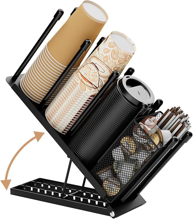 OVICAR Cup and Lid Holder - Adjustable Coffee Cup Holder Organizer 4 Compartment Disposable Cup Dispenser with Coffee Pod Straw Storage Basket for Coffee Station Bar Countertop Breakroom Metal Black