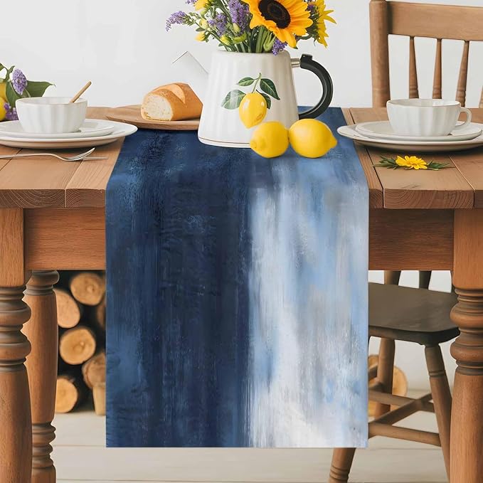 Ombre Dark Blue Short Table Runners 48 Inches, Cotton Linen Fabric Table Runner Dresser Scarf, Modern Simple Painting Art Tablerunner for Party/Kitchen/Dinner/Wedding Decor 13"x48"