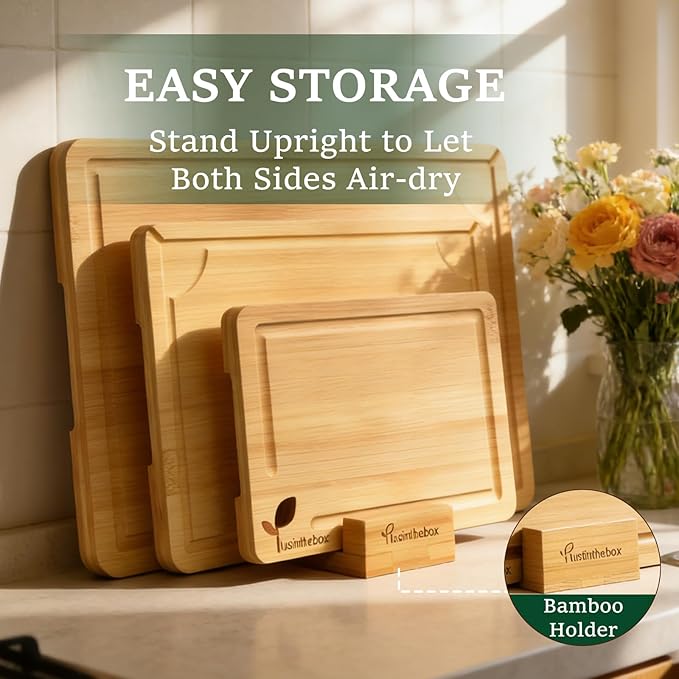 Cutting Boards for Kitchen, Bamboo Cutting Board Set of 3 with Storage Stand, Carbonized Chopping Boards with Deep Juice Grooves and Handles for Meat, Bread, Dough Kneading and Food Prep