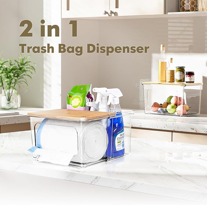iCASA Trash Bag Dispenser Under Sink Organizer, 2-in-1 Acrylic Trash Bags Holder with Bamboo Lid, Holds Large Rolls up to 100 Count, Garbage Bag Storage Container for Kitchen, Pantry, Laundry Room