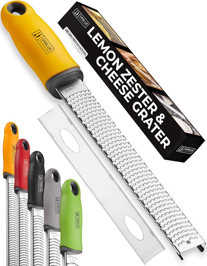 Orblue Lemon Zester & Cheese Grater - Premium Citrus Zester, Kitchen Grater for Parmesan, Chocolate, Fruits, Vegetables, Ginger, Garlic, Nutmeg - Stainless Steel Blades with Protective Cover, Yellow