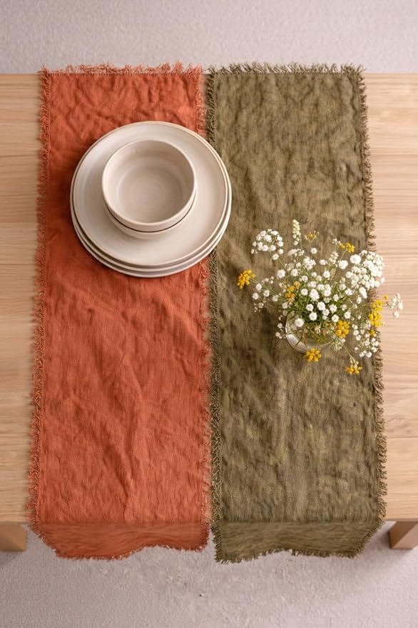 Table Runner , Linen, Moss Green Brown, Farmhouse Rustic Boho Style, for Dining Table, Kitchen, and Coffee Table Decor (Moss Green Brown, 14 x 66 Inch)