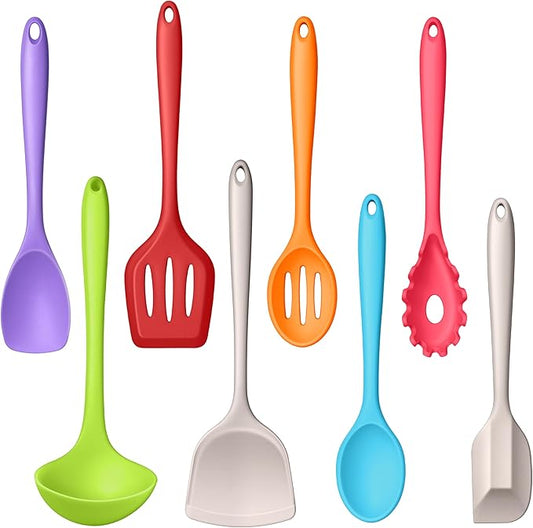LIANYU 8Pcs Kitchen Cooking Utensils Set, Silicone Utensils Spatula Set, Heat Resistant Cooking Gadgets for Nonstick Cookware, Include Silicone Spoon, Turner, Spatula, Ladle, Multi-Color