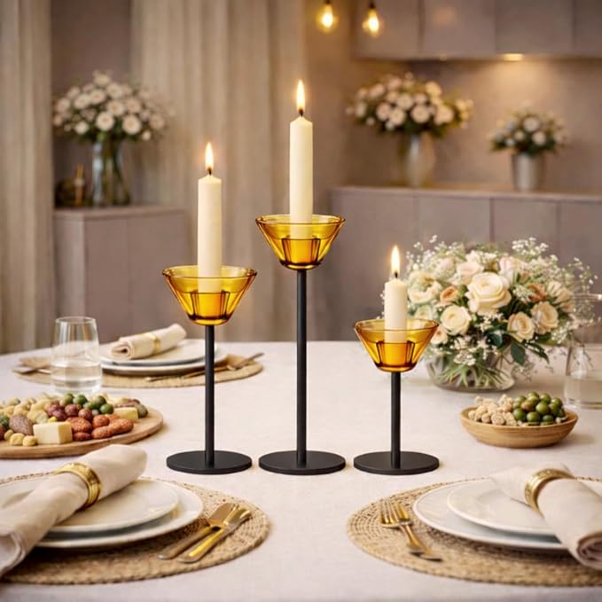 Smytle Amber‑Gold Glass Candlestick Holders with Weighted Black Metal Base, Set of 3 Amber Candle Holders for Both Taper and Tea Light Candles, Boho & Autumn Table Decor, Wedding Centerpiece